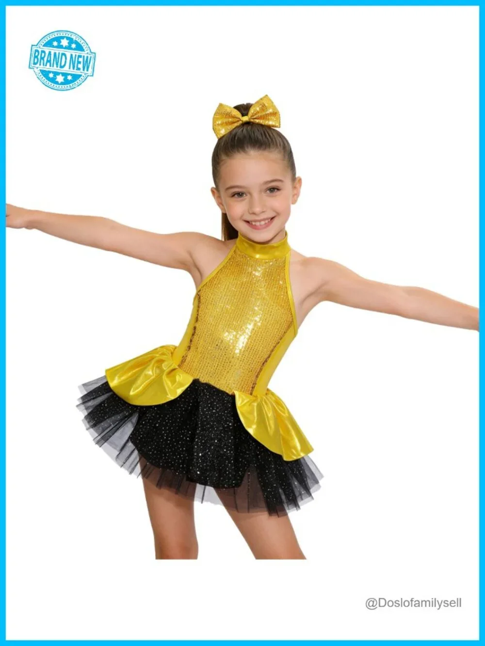 Girls Sequin Dance Tutu Dress Halter Neck Performance Outfit with Hair Clip